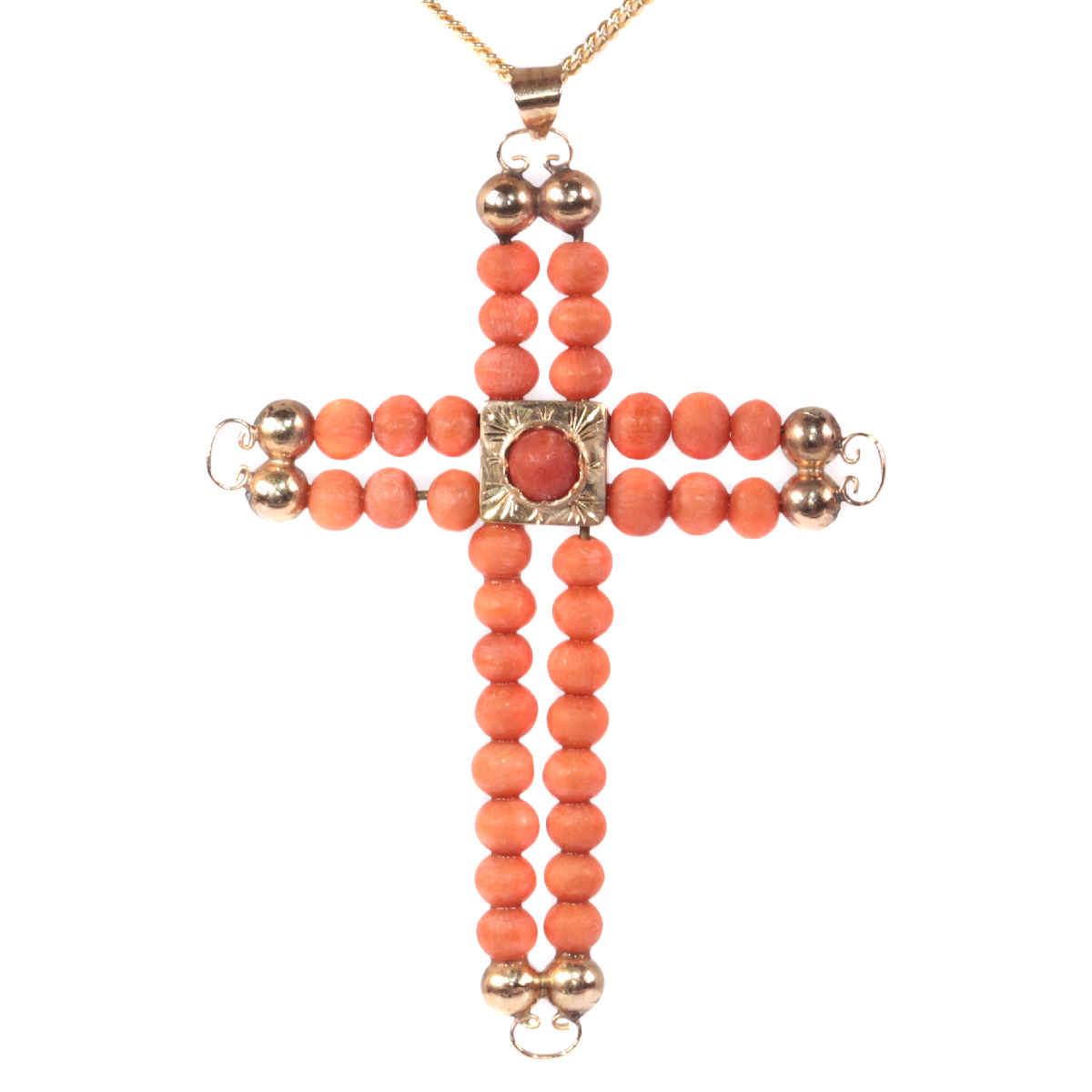 Antique Victorian 18K pink gold cross with blood coral beads